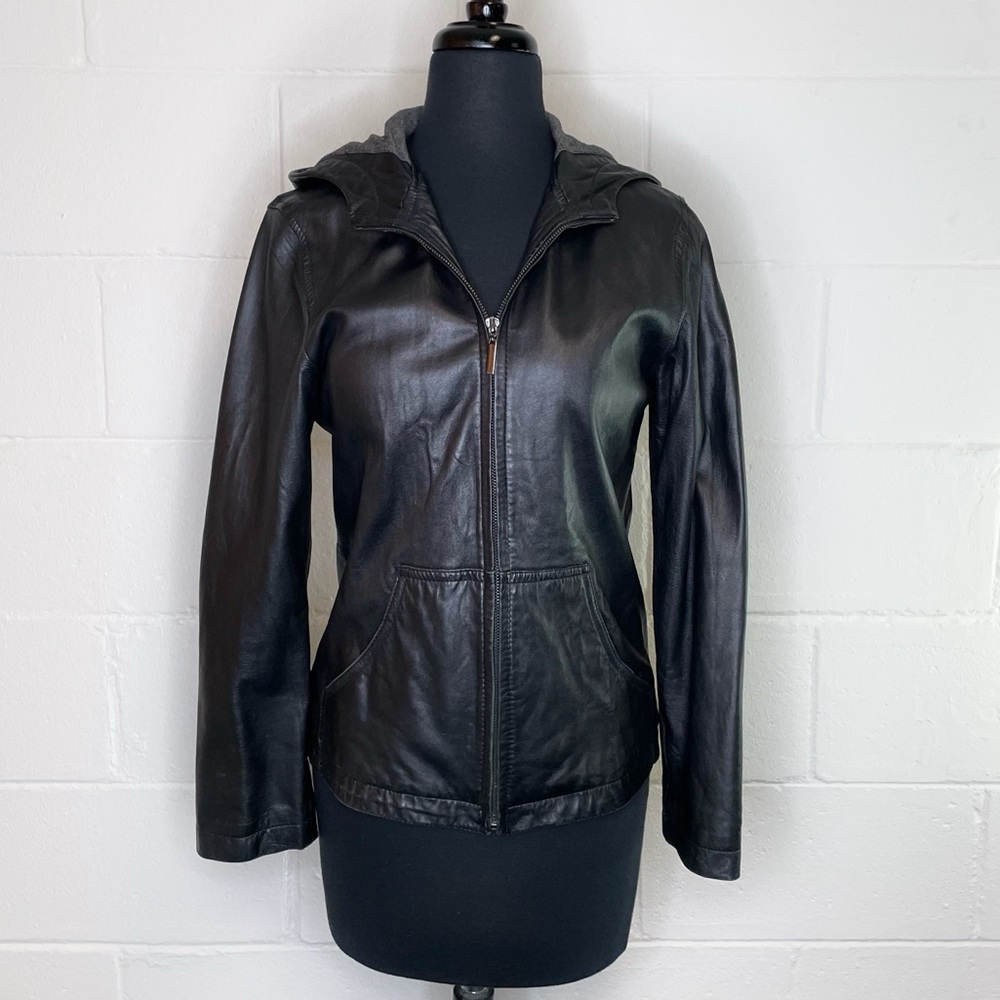 JLC Women’s Retro Black Leather Hooded Jacket Zip Front